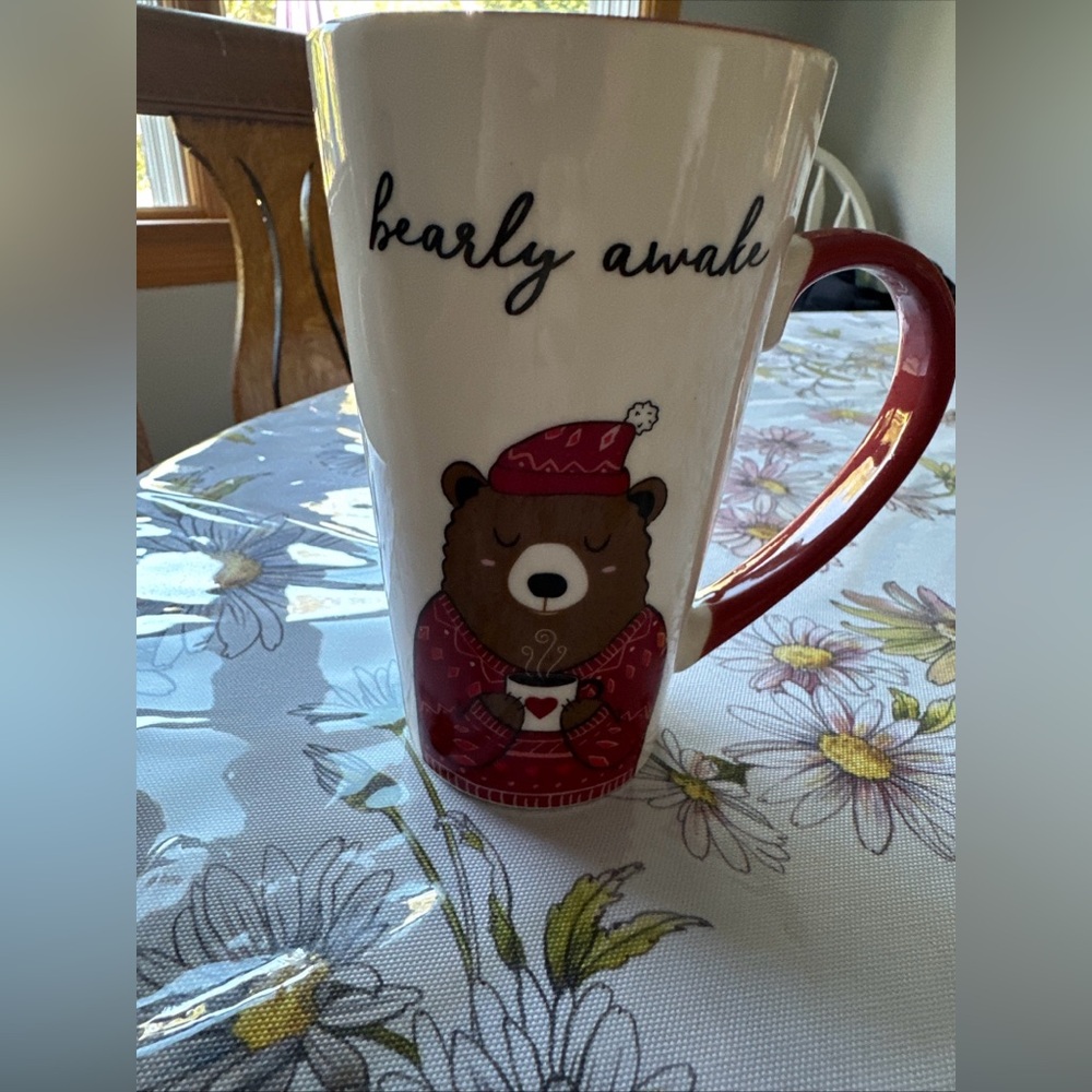 Hazel & Co barely awake 6 inch tall coffee mug with winter season  theme
